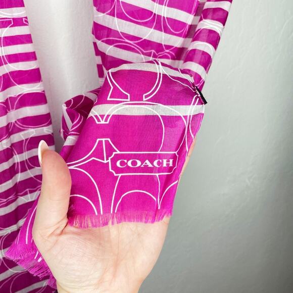 Coach Pink and White Striped Signature Logo C Cotton Raw Cut Lightweight Scarf - Picture 5 of 8